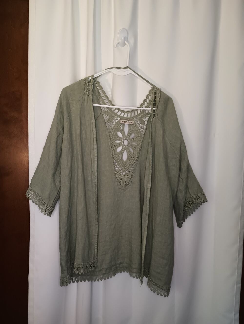 Valentina Naldi Womens Linen Open Cardigan OS Sage Green Crochet Italy Cottage